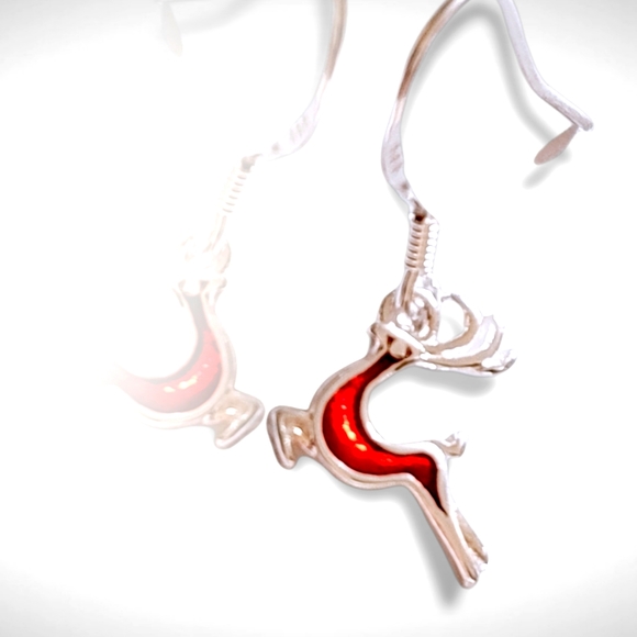 Sterling Silver & Red Reindeer Dangle Earrings Holiday Gift New! - Picture 5 of 5